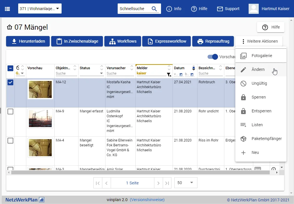 winplan Mängelmanagement: Mängelliste mit Fotos, Status, Verursacher und Melder