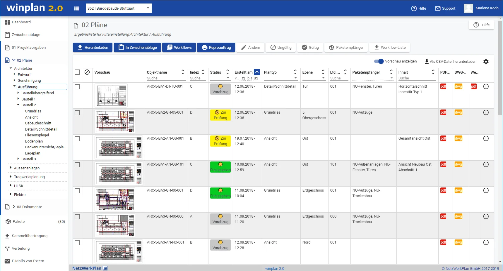 winplan Planserver: Planliste mit Index, Status, Plantyp und Paketempfängern, gefiltert nach Architektur / Ausführung