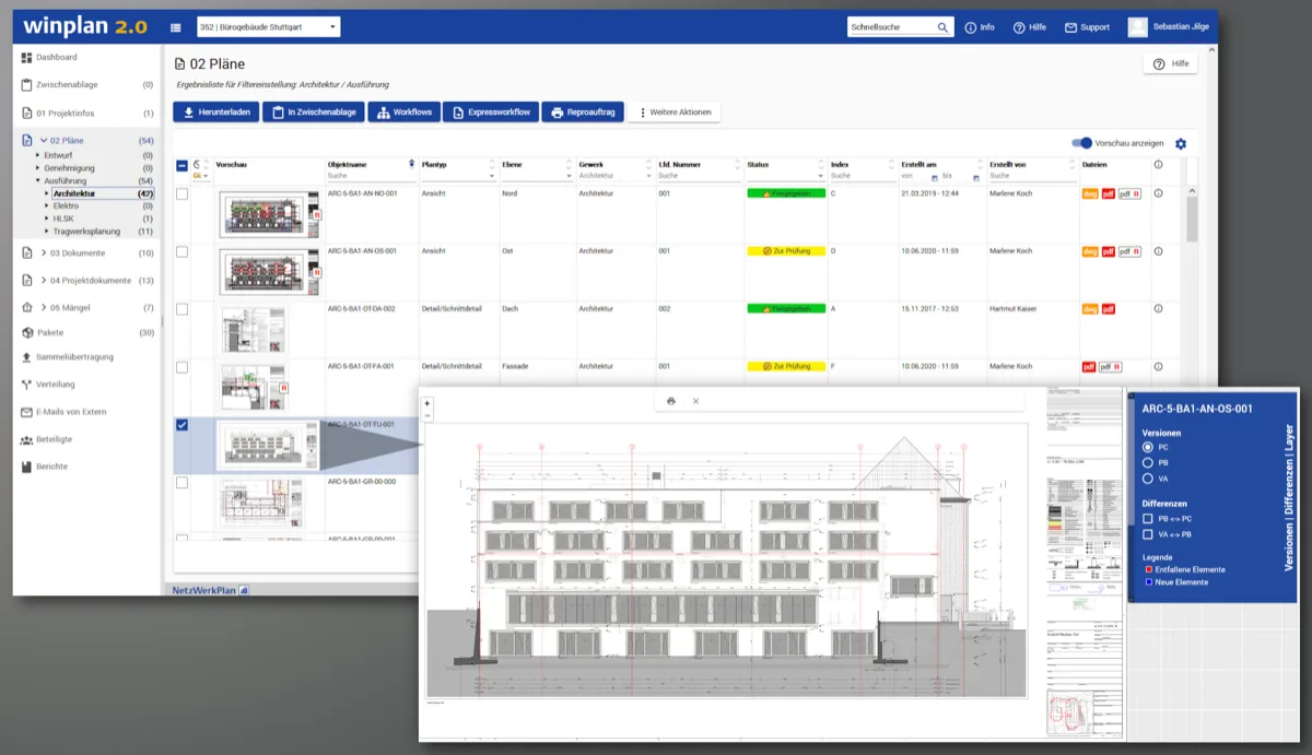 Planliste im winplan-Projektraum mit Status, Versionen und Versionsvergleich.